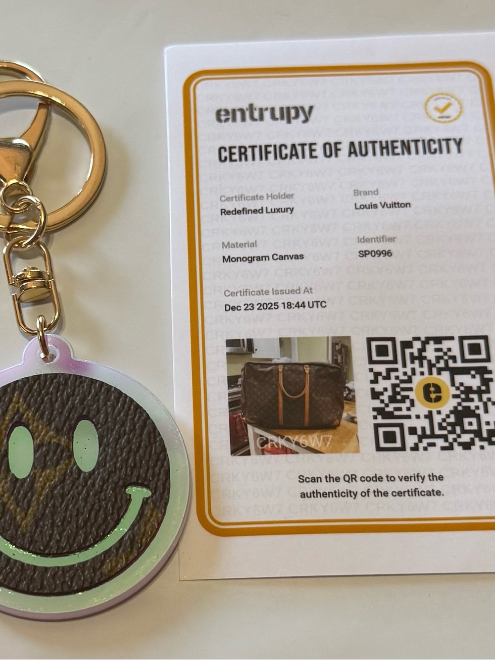 Iridescent Acrylic & Brown Monogram Smiley Face Keychain Bag Charm